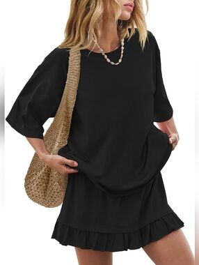 Casual Black Ruffle Hem Skirt And  Two-Piece Top Set